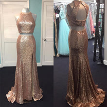 Load image into Gallery viewer, Rose Gold Sequin Two Piece Prom Dresses
