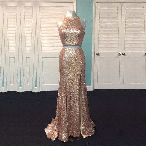 Rose Gold Sequin Two Piece Prom Dresses