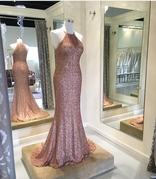Rose Gold Sequins Halter Bridesmaid Dresses Long Mermaid Gowns – alinanova