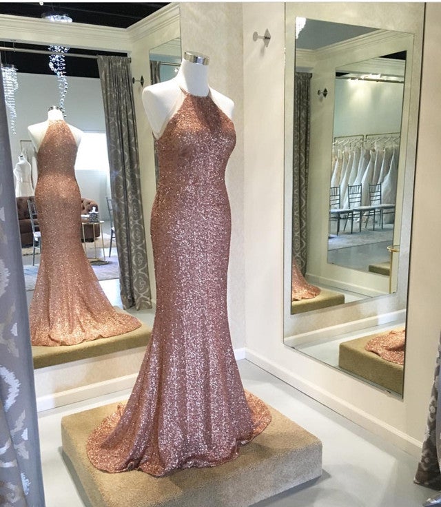 Rose Gold Sequins Halter Bridesmaid Dresses Long Mermaid Gowns