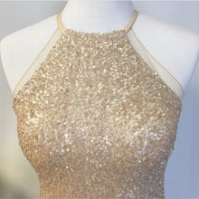 Load image into Gallery viewer, Rose Gold Sequins Halter Bridesmaid Dresses Long Mermaid Gowns
