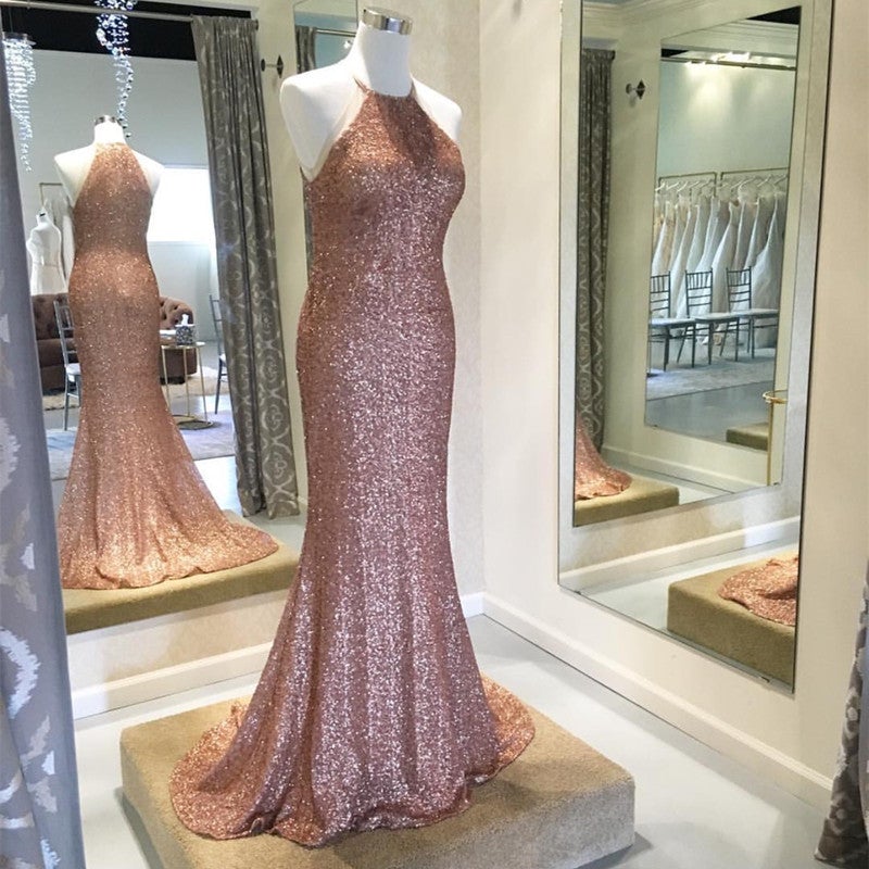 Rose Gold Sequins Halter Bridesmaid Dresses Long Mermaid Gowns  alinanova