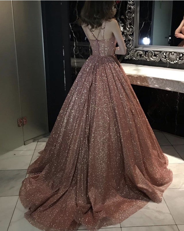 Rose Gold Sparkly Ball Gown Dresses Cross Neck Rose Gold Sparkly Ball Gown Dresses Cross Neck