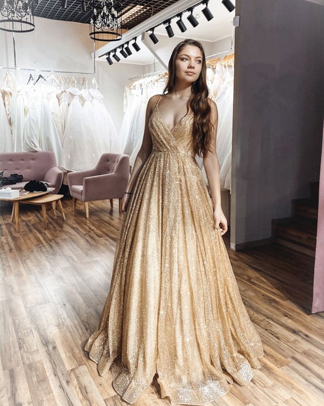 Rose Gold Sparkly Formal Dress V-neck Spaghetti Straps Rose Gold Sparkly Formal Dress V-neck Spaghetti Straps