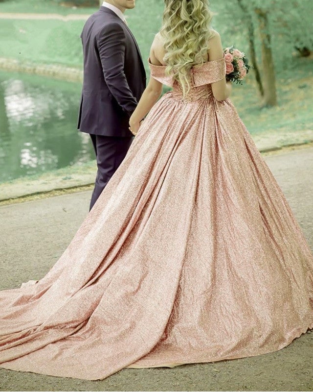 slim fit dress slacks Rose Gold Wedding Dress Princess Sequins Ball Gown Off Shoulder – alinanova