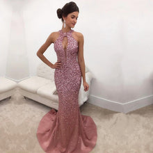 Load image into Gallery viewer, Rose Pink Satin Halter Mermaid Crystal Prom Dresses
