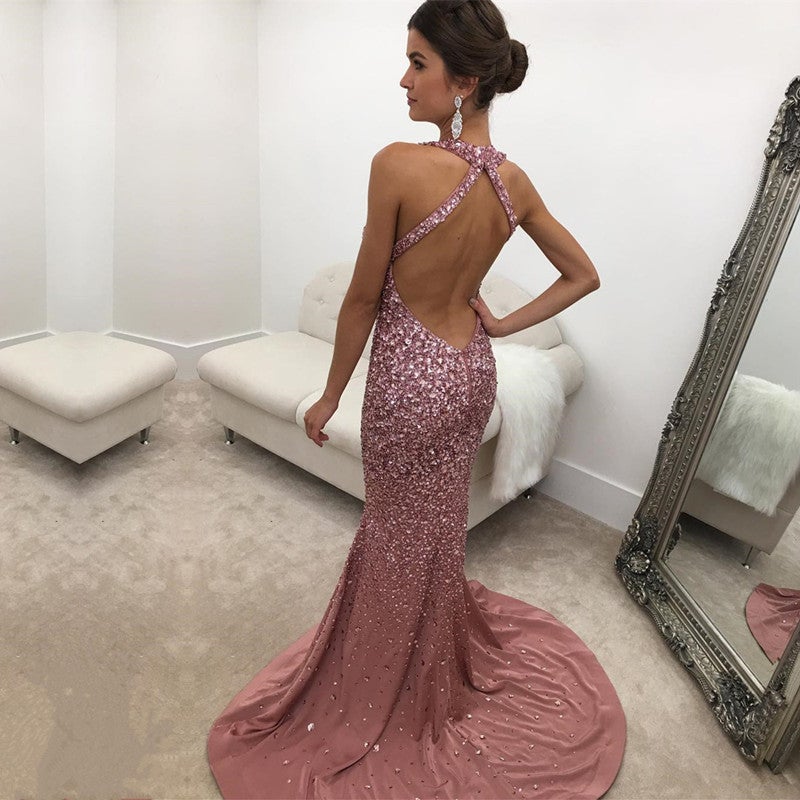 pink and gold mermaid prom dress Rose Pink Satin Halter Mermaid Crystal Prom Dresses – alinanova
