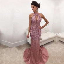 Load image into Gallery viewer, Rose Pink Satin Halter Mermaid Crystal Prom Dresses
