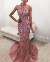 Load image into Gallery viewer, Rose Pink Satin Halter Mermaid Crystal Prom Dresses-alinanova
