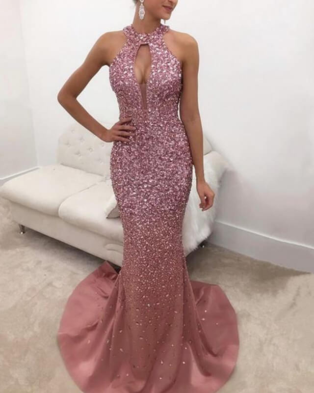 Rose Pink Satin Halter Mermaid Crystal Prom Dresses-alinanova