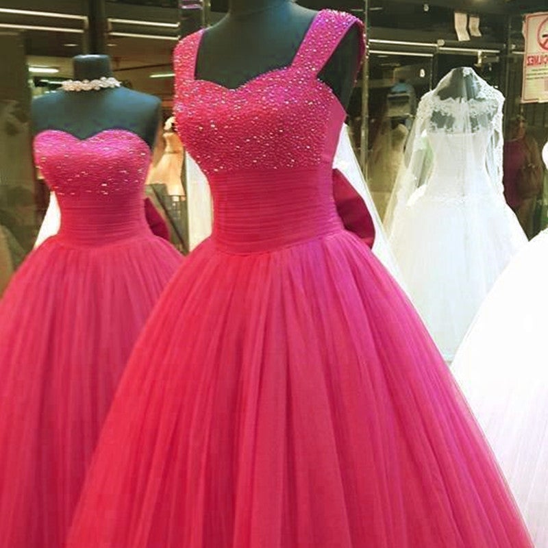 Rose Pink Tulle Sweetheart Evening Dresses Ball Gowns Floor Length-alinanova