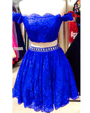 Load image into Gallery viewer, Royal Blue Lace Two Piece Homecoming Dresses 2019

