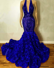 Load image into Gallery viewer, Halter Mermaid Sequin Rosette Prom Dresses
