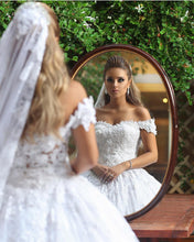 Load image into Gallery viewer, Royal Train Lace Wedding Dresses Ball Gowns Off-the-shoulder
