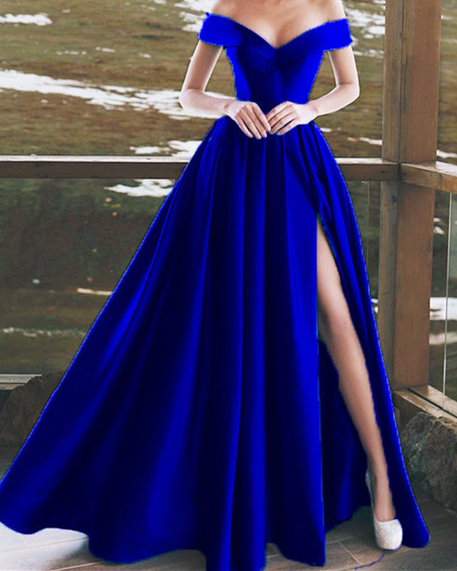 Elegant V-neck Off The Shoulder Long Satin Prom Dresses Elegant V-neck Off The Shoulder Long Satin Prom Dresses