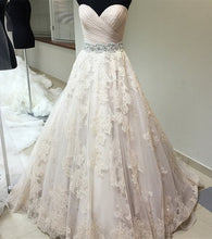 Load image into Gallery viewer, Ruched Sweetheart Crystal Beaded Sashes Tulle Wedding Dresses Lace Embroidery
