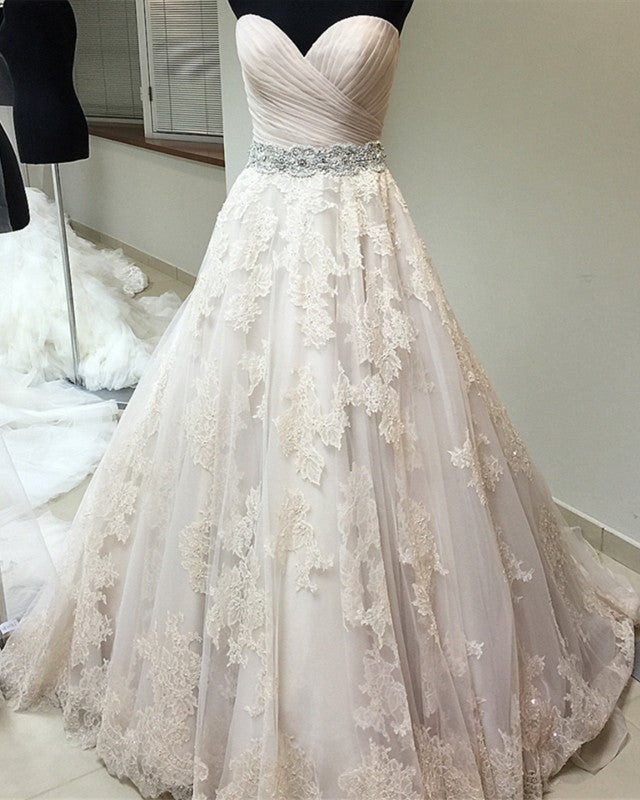 Ruched Sweetheart Crystal Beaded Sashes Tulle Wedding Dresses Lace Embroidery-alinanova