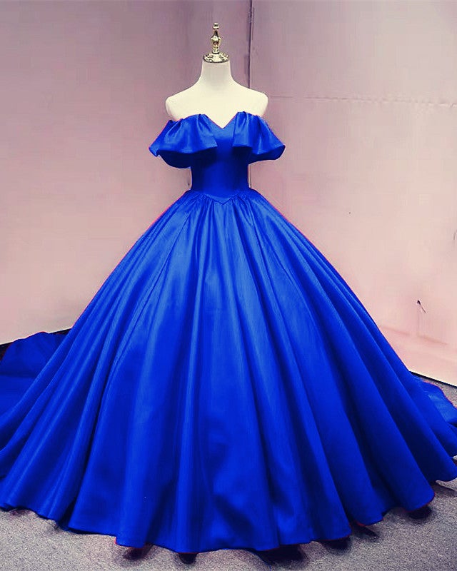 Ruffles Shoulder Wedding Dresses Satin Ball Gown Ruffles Shoulder Wedding Dresses Satin Ball Gown