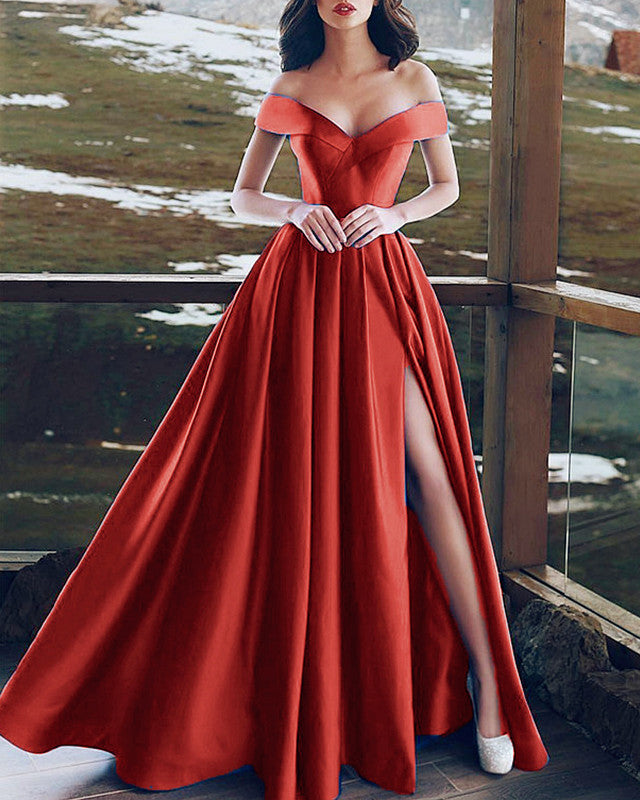 Sexy Off Shoulder Satin Bridesmaid Dresses Leg Slit