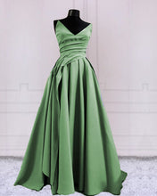 Load image into Gallery viewer, Sexy Ruched V Neck Split Satin Long Dresses
