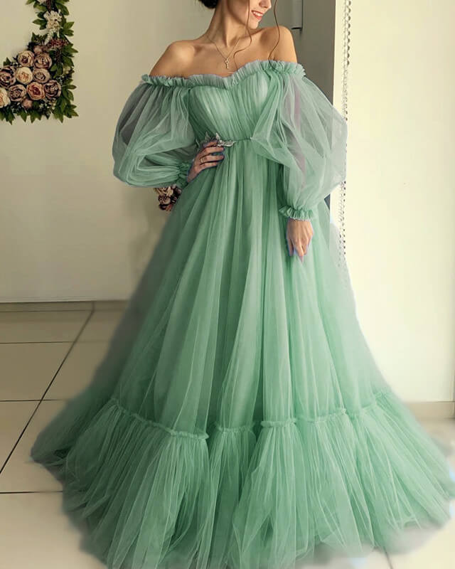 Long Sleeve Cottagecore Prom Dress Tulle Off Shoulder alinanova