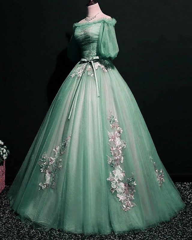 Sage Green Tulle Cottagecore Prom Dress Puffy Sleeves – alinanova