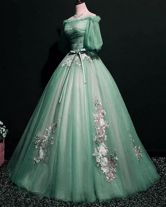 Sage Green Tulle Cottagecore Dress Puffy Sleeves