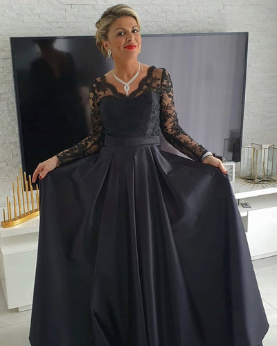 Black Satin Evening Dress Lace Long Sleeves
