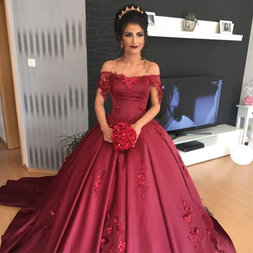 Satin Off The Shoulder Wedding Dresses Ball Gowns With Lace Flowers-alinanova