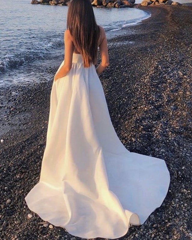 navy blue dress for baby girl A-line Square Neckline Satin Sweep Train Wedding Dress with Pockets S3082W  - Wedding Dresses main image 1