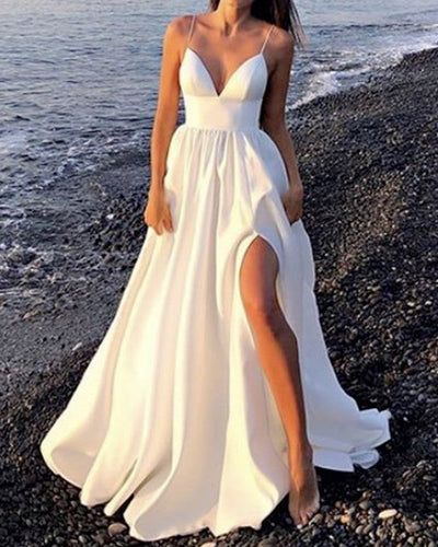 Satin Beach Wedding Dress With Slit