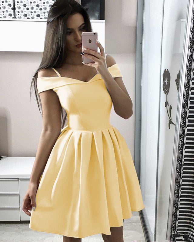 Short Satin Off Shoulder Homecoming Dresses With Straps alinanova Short Satin Off Shoulder Homecoming Dresses With Straps alinanova