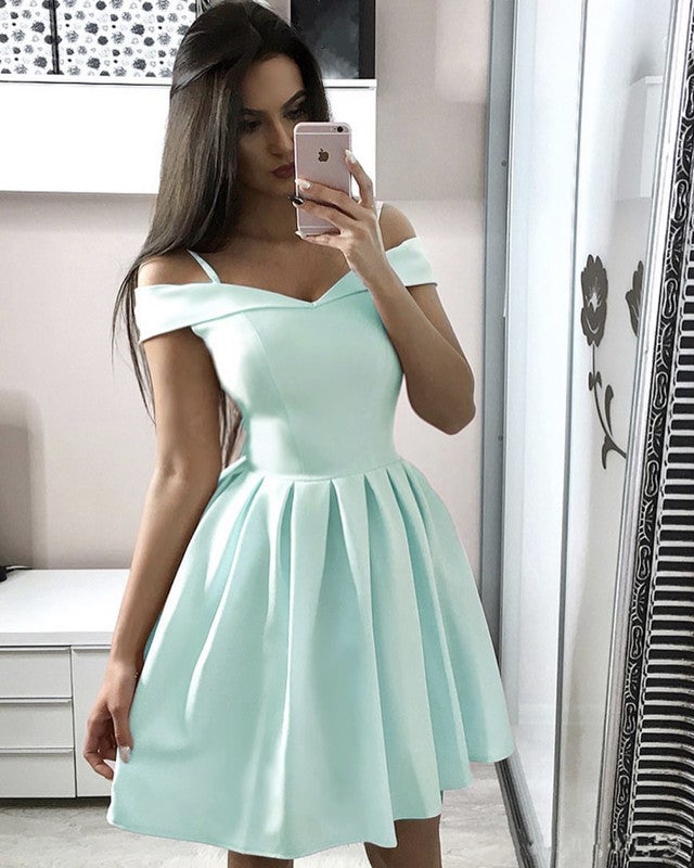 Short Satin Off Shoulder Homecoming Dresses With Straps alinanova Short Satin Off Shoulder Homecoming Dresses With Straps alinanova