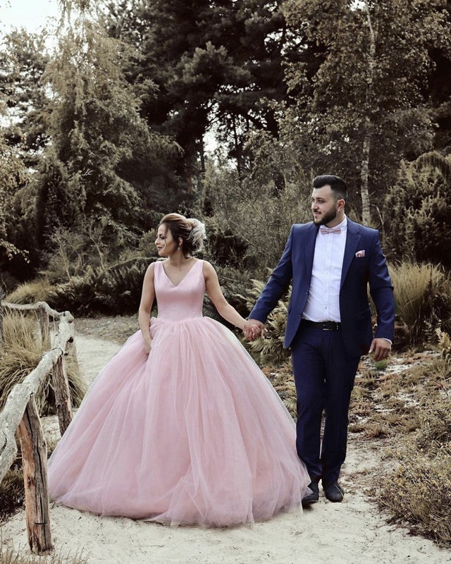 pearl pink dresses weddings Custom-made Blush Wedding Dress with Long Sleeves, Lace Applique, High Neck, plumetis tulle Sweep Train, and Plus Size Option