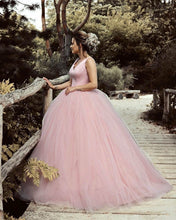 Load image into Gallery viewer, Satin V-neck Tulle Ball Gowns Wedding Dresses Pearl Pink-alinanova
