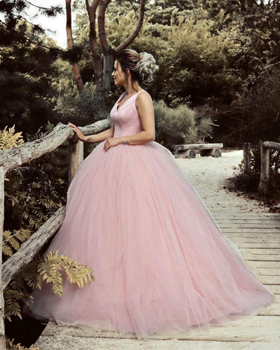 Satin V-neck Tulle Ball Gowns Wedding Dresses Pearl Pink-alinanova