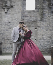 Load image into Gallery viewer, Burgundy Wedding Satin Dress Long Sleeves
