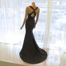 Load image into Gallery viewer, Scoop Neck Long Black Satin Mermaid Evening Dresses
