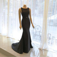 Load image into Gallery viewer, Scoop Neck Long Black Satin Mermaid Evening Dresses 2018-alinanova
