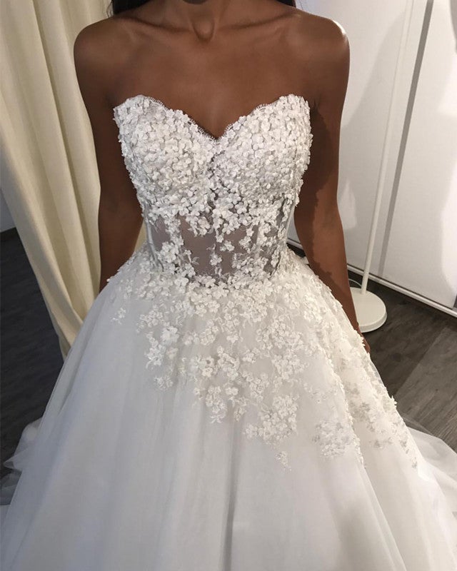 See Through Corset Wedding Dress Tulle Appliques Ball Gown For Bride –  alinanova