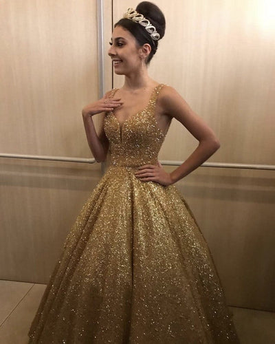Gold Sequin Prom Quinceanera Dresses
