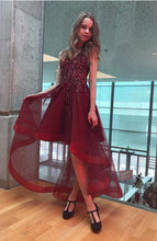 Load image into Gallery viewer, Sequin Beaded V-neck Tulle Prom Dresses Front Short Long Back
