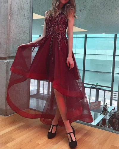 Sequin Beaded V-neck Tulle Prom Dresses Front Short Long Back-alinanova