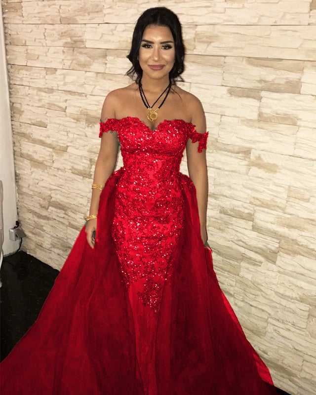 Sequin Lace Off Shoulder Mermaid Evening Dresses With Removable Skirt Sequin Lace Off Shoulder Mermaid Evening Dresses With Removable Skirt