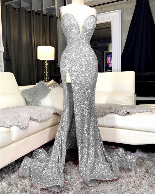 Sequin Mermaid Prom Dresses Spaghetti Straps Sweetheart Leg Slit Sequin Mermaid Prom Dresses Spaghetti Straps Sweetheart Leg Slit
