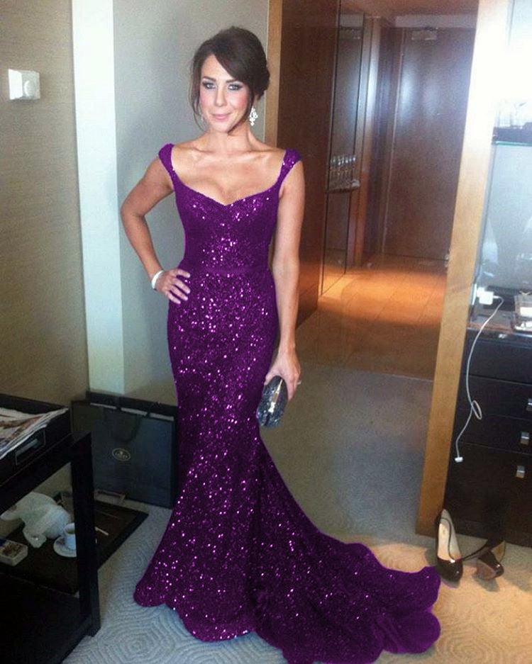 mermaid court train prom dress Sequin V-neck Mermaid Court Train Prom Dress