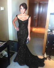 Load image into Gallery viewer, Black Sequin Prom Dress V Neck
