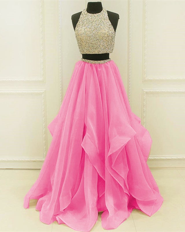 Sequins Beaded Organza Layered Two Piece Ballgowns Prom Dress  alinanova