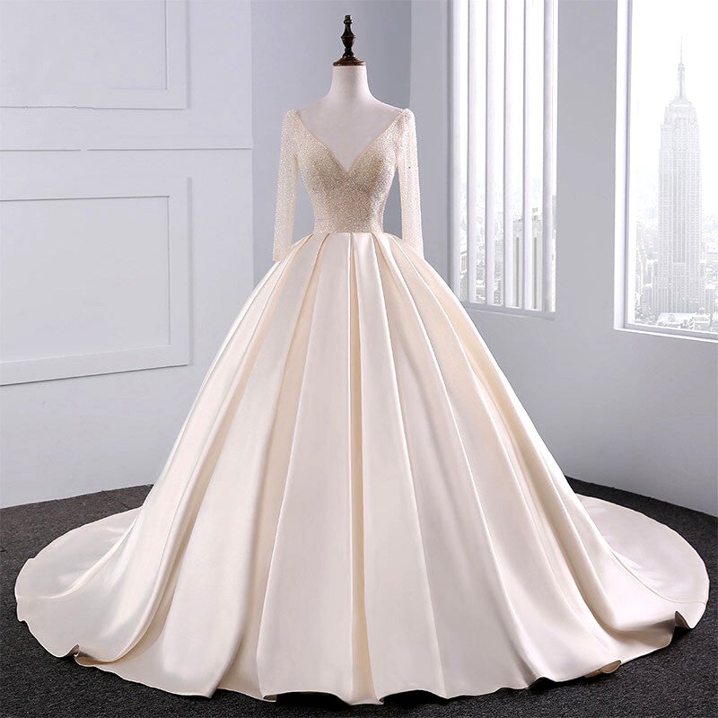 Sequins Beaded V Neck Champagne Wedding Dresses Ball Gowns With Sleeves-alinanova