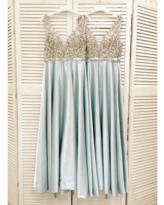 Sequins Beaded V Neck Satin Bridesmaid Dresses